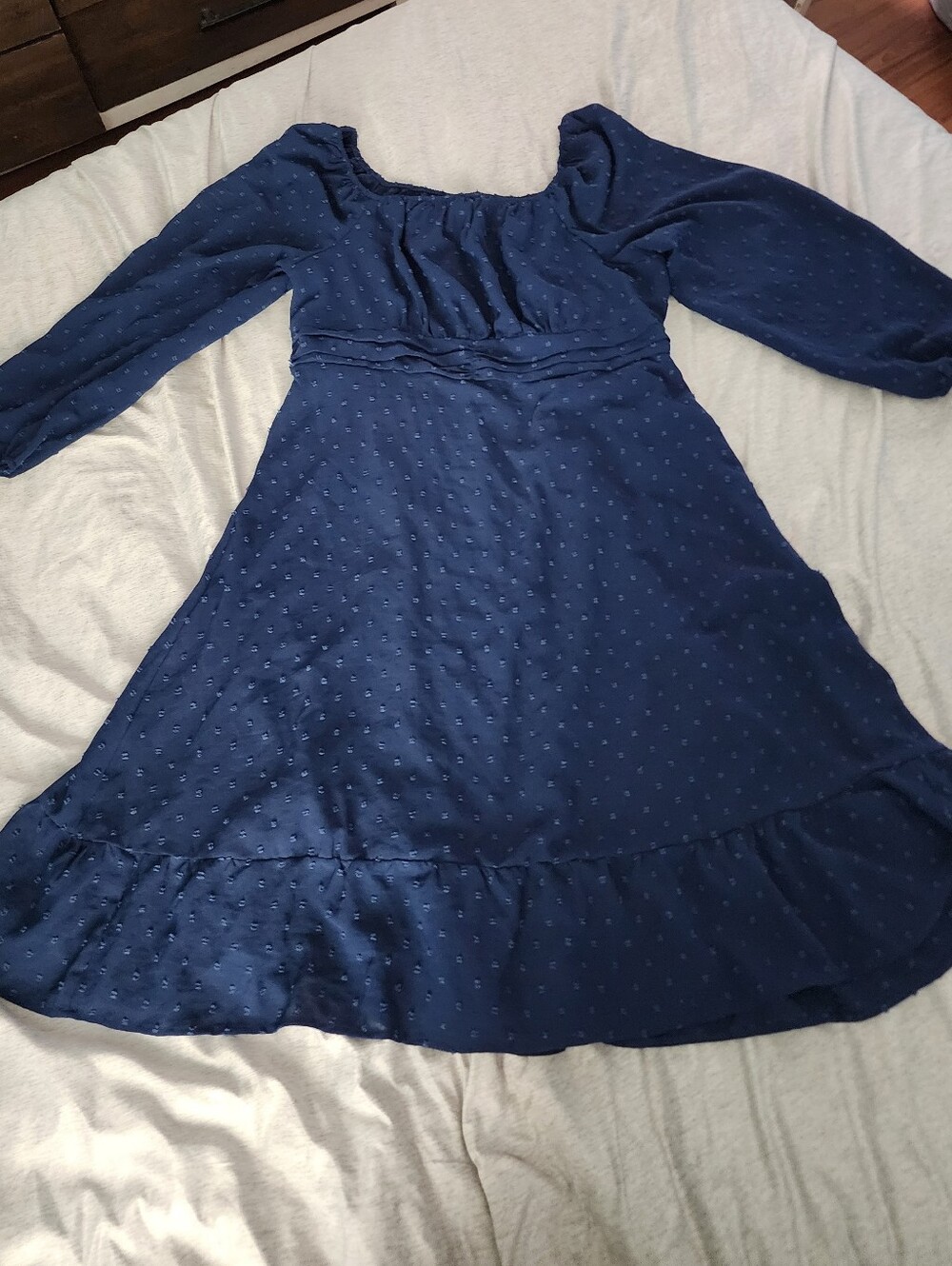 BloomChic Navy Swiss Dot Puff Sleeve Dress